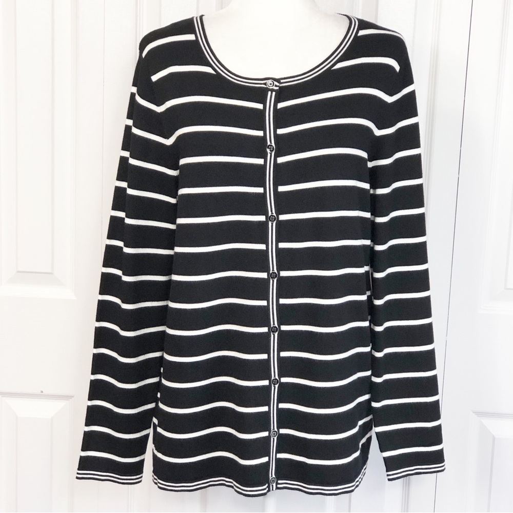 NWT Rafaella Black & White Stripe Print Cardigan Sweater Large